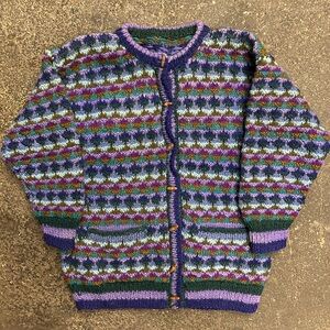 Vintage Cardigan Wool Boho Sweater Purple Green XL Handmade Nepal Toggle